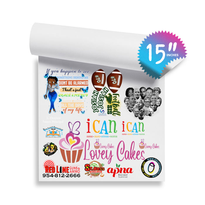 A collection of various custom-made stickers placed on a white gang sheet with a 15-inch dimension, showcasing different designs including text, logos, and illustrations.
