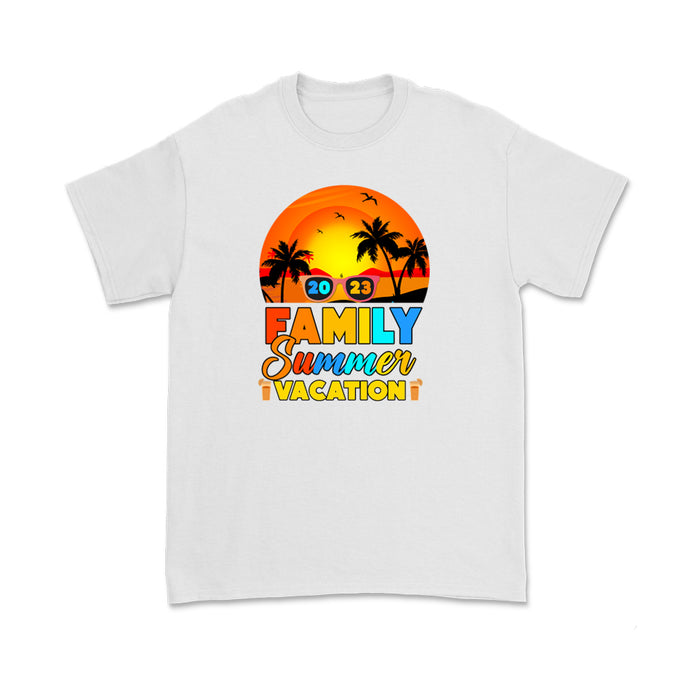 White t-shirt with colorful Family Summer Vacation sunset and palm tree print