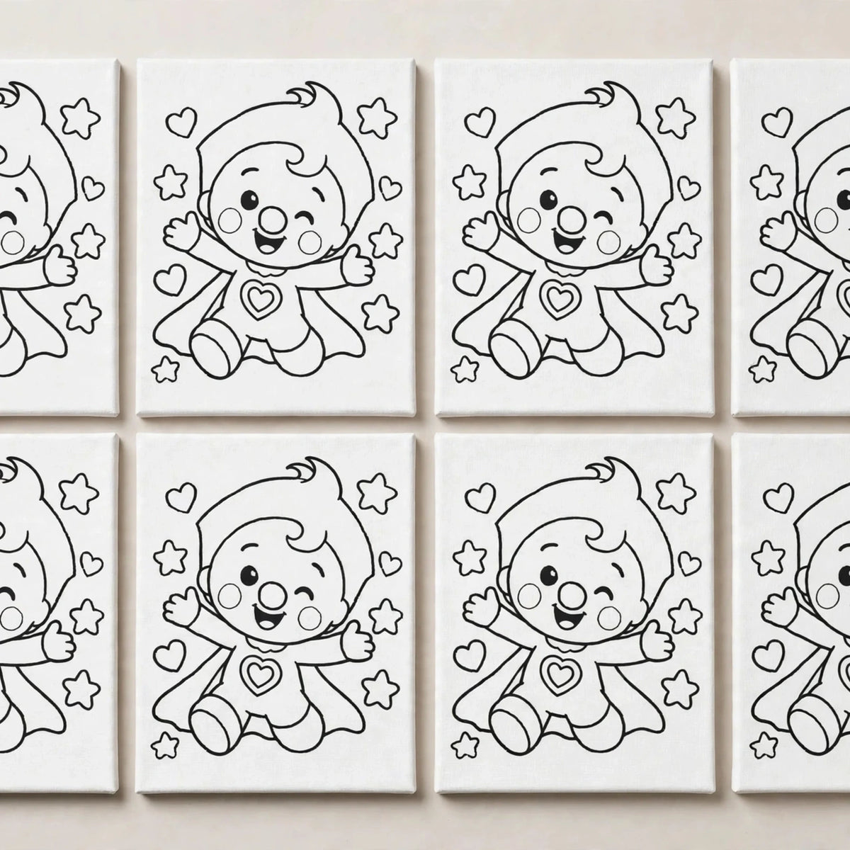 Flat lay of 12 custom mini canvas party favors
