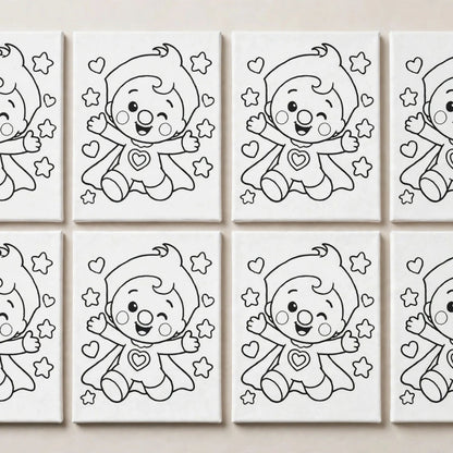Flat lay of 12 custom mini canvas party favors