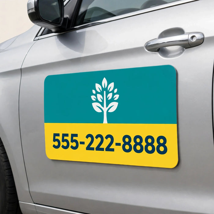 Car magnet sign lying flat on a silver car door