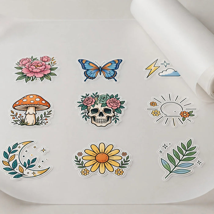 DTF gang sheet 15x36 in partially rolled, colorful designs on matte frosted translucent film