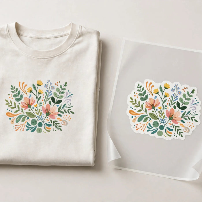 Folded t-shirt with colorful generic design printed by print and press service, beside its DTF transfer on matte frosted film