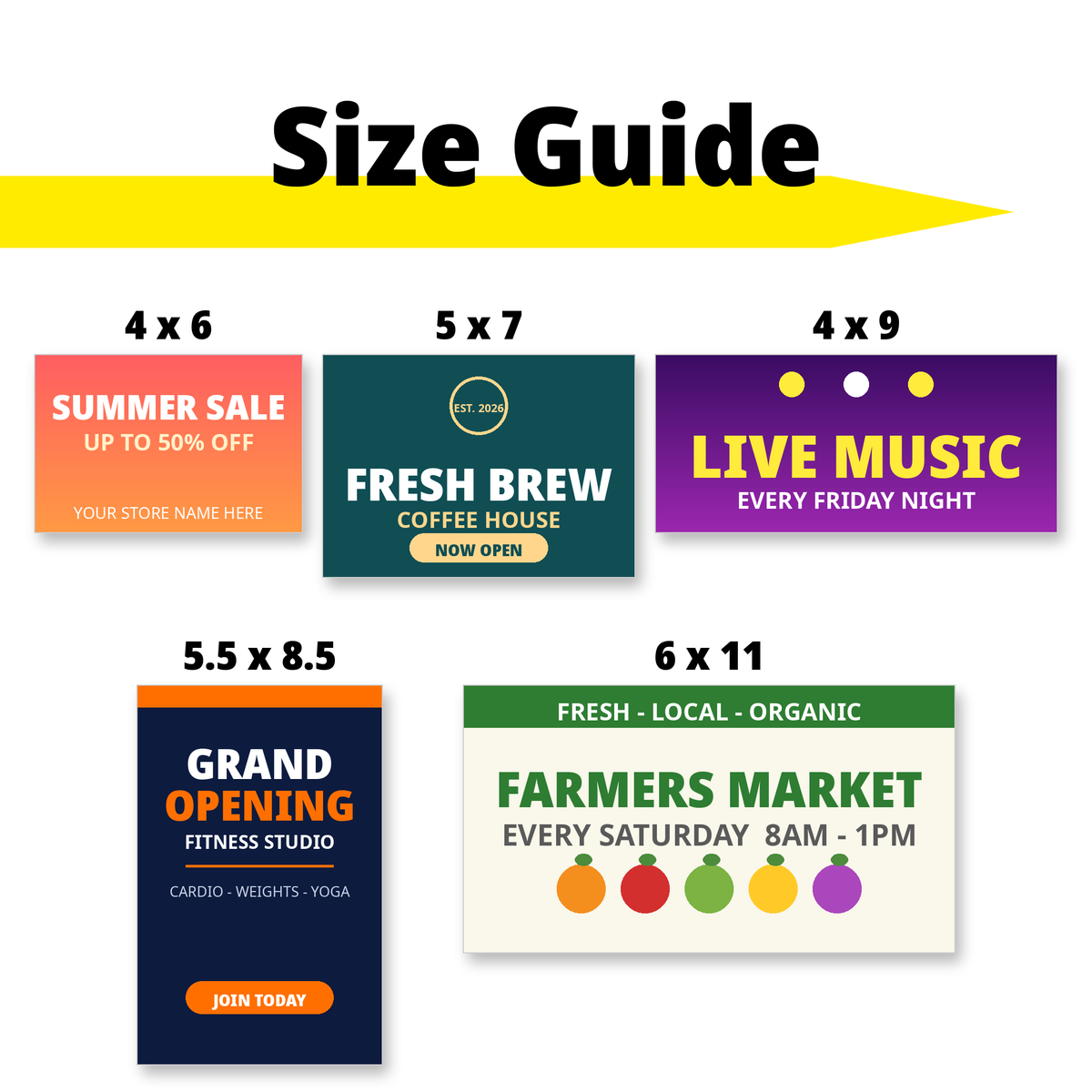 Size guide showing postcard and flyer size options: 4x6, 5x7, 4x9, 6x11 and 5.5x8.5 with example designs