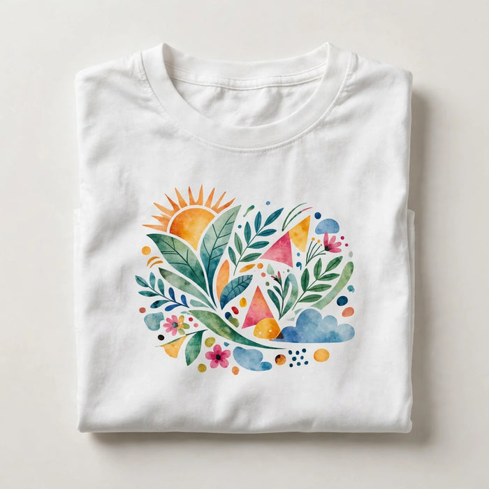 Folded white unisex t-shirt with colorful generic graphic design printed on the chest